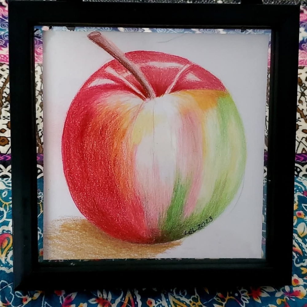 Vibrant Colored Pencil Apple Art in Black Floating Frame